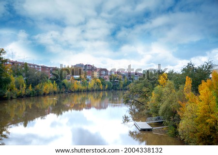 Landscape photography under white cloudy sky - Autumn trees turn to yellow, Beautiful colored trees with lake in autumn, landscape photography, Outdoor photography in Spain Valladolid.