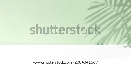 Minimal abstract background for the presentation of a cosmetic product. Premium podium with a shadow of tropical palm leaves on a pastel green wall and white table. Showcase, display case. Banner