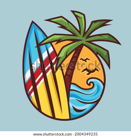 Surfboard with palm tree. Surfing concept art in cartoon style.