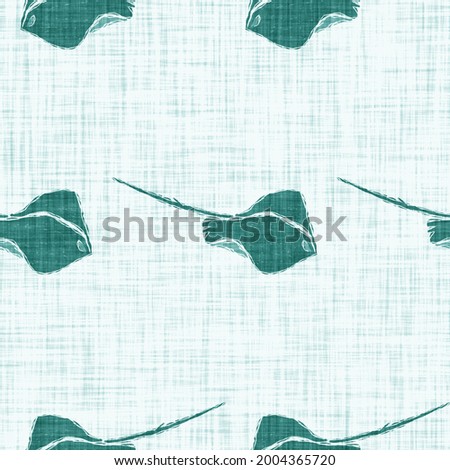
Aegean teal sting ray fish linen nautical texture background. Summer coastal living style swatches. Under the sea life  swimming fishes material.  2 tone blue dyed textile seamless pattern.
