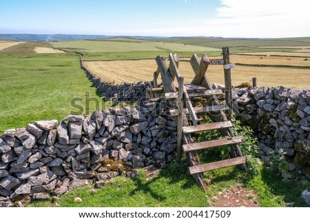 A criss-cross of dry stone walling with an adjacent wooden stile and signs to Mam Tor and Castleton.