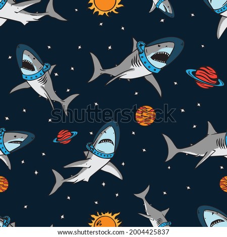 Seamless pattern of a astronaut shark and space background elements