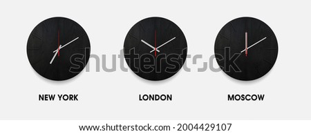 Set of stylish black clock for time zones different cities. Black and white watch on a white background.