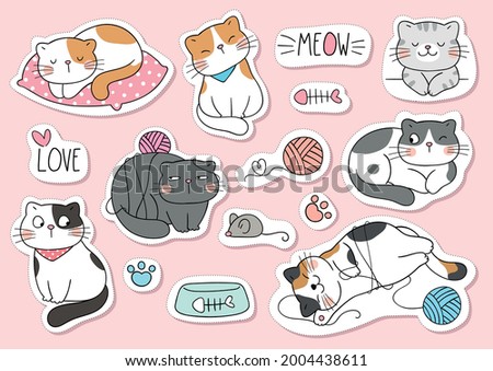 Draw vector illustration character design collection stickers funny cats Doodle cartoon style