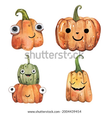 Cute cartoon hand drawn squash pumpkin in watercolor for Halloween.