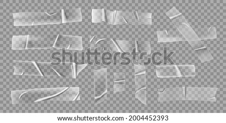 Transparent adhesive tapes. Realistic wrinkled tape, crumpled clear plastic sticky stripes. Scotch pieces, sticker labels vector set. Ripped glue element for photo and paper fixture Royalty-Free Stock Photo #2004452393