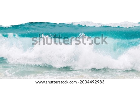 Powerful ocean blue waves with white foam isolated on a white background.  Royalty-Free Stock Photo #2004492983