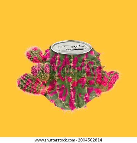 Creative modern collage. Green spotted cactus intead of can with beer isolated over bright yellow background. Copyspace for ad, offer