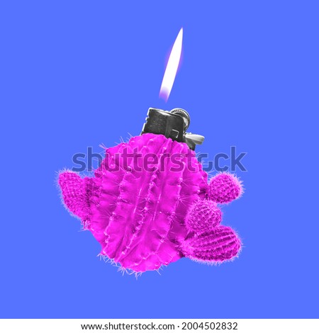 Modern art collage. Bright pink cactus with a tongue of flame on top isolated on deep blue background. Concept of creativity and inspiration