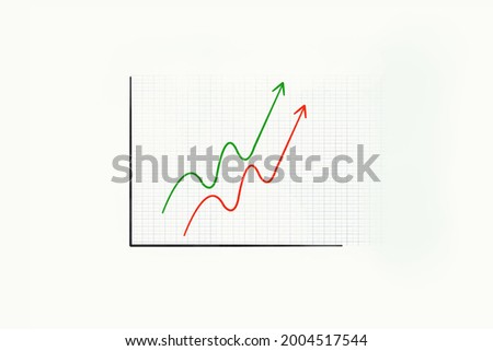 Financial graph goes up with green and red arrow on blue line grid for financial performance, stocks and shares, exchange rate