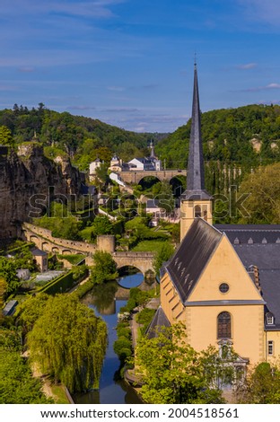 Aerial vertical view of Luxembourg-City lower town with park and Neumünster abbey Royalty-Free Stock Photo #2004518561
