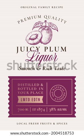 Family Recipe Plum Liquor Acohol Label. Abstract Vector Packaging Design Layout. Modern Typography Banner with Hand Drawn Fruit Silhouette Logo and Background. Isolated. Royalty-Free Stock Photo #2004518753