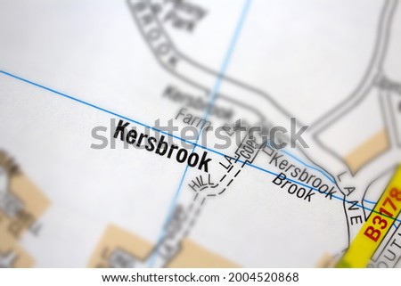 Kersbrook village - Devon, United Kingdom colour atlas map and town plan name