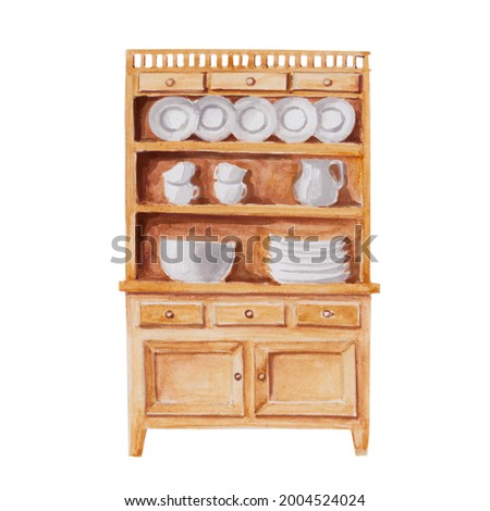 vintage wooden cupboard with dishes watercolor illustration, hand drawn clipart good for interior decoration and design