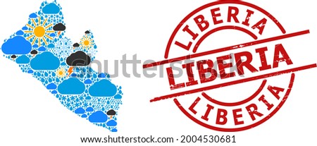 Weather mosaic map of Liberia, and grunge red round stamp. Geographic vector mosaic map of Liberia is combined with randomized rain, cloud, sun, thunderstorm.
