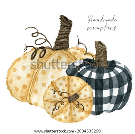 Checkered and dotted handmade pumpkin fall composition, autumn arrangement clipart for thanksgiving invitations and greeting cards, farm wall art decor