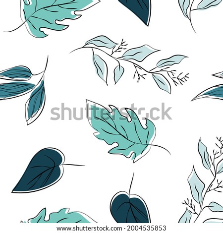 Botanical colored seamless pattern. Lines silhouettes of herbs and leaves. Vector background.