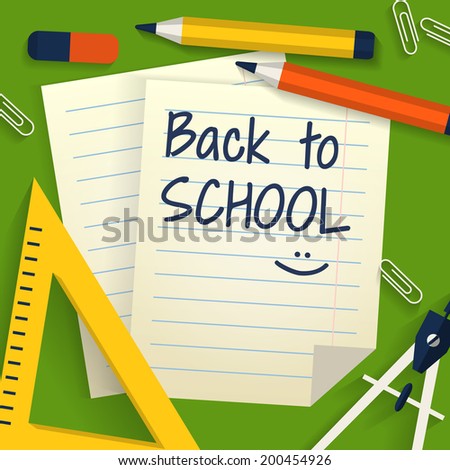 Back to school. Background with stationery, lined sheets of paper and place for text. Flat design. Vector illustration.