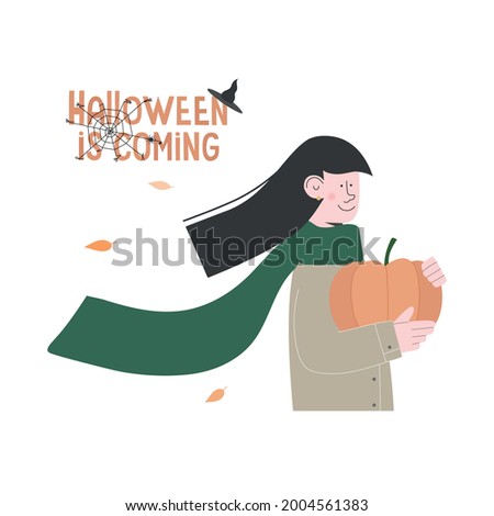 Autumn flat vector illustration with girl who is bringing pumpkin. Stylish Lettering Halloween is coming.