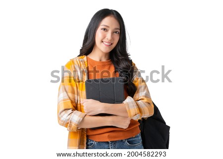 happineess cheerful asian adult female teenager hand hold tablet and backpack casual cloth ready to school concept isolate white background Royalty-Free Stock Photo #2004582293