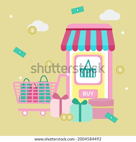 Ordering products online.  Online shopping concept. Shopping on mobile phone on yellow background.vector illustration design.