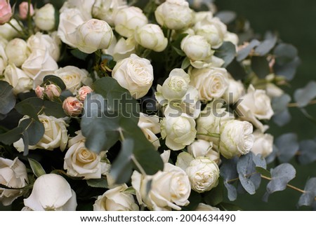 Floristic composition of cream and pink roses and eucalyptus twigs. Floral background for wedding invitation or greeting card. Flowers in pastel pink colors, bouquet close up
