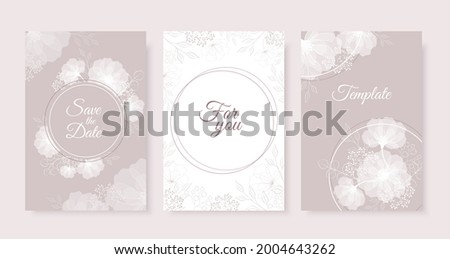 Wedding invitation templates set with white flowers and circle frame on powder background. Vector outline flowers and leaves. Geometry with elegant flowers. Royalty-Free Stock Photo #2004643262
