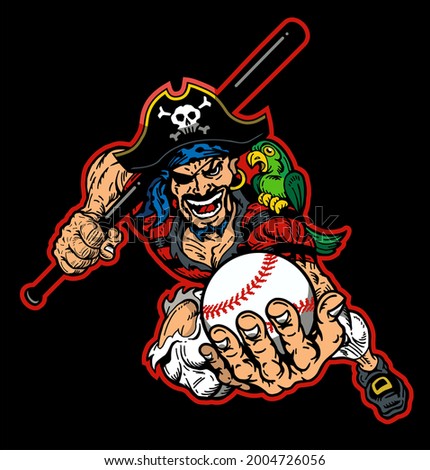 running pirate baseball mascot holding ball and bat for school, college or league