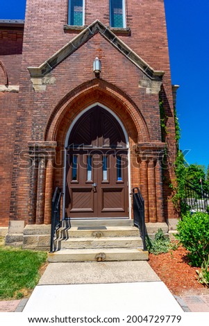 St. Paul's United Church  in Milton, Ontario, Canada - constructed in 1852 as Wesleyan chapel and reconstructed as a church in 1890 Royalty-Free Stock Photo #2004729779