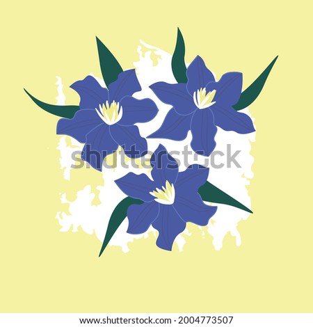Bouquet of blue clematis. Purple flower hand-drawn on a yellow isolated background. Decorative botanical element. A colorful flowering plant. Vector illustration in doodle style.