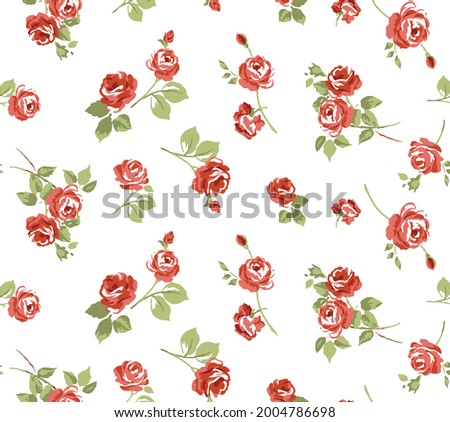 seamless pattern with red roses branches on a white background. Small flower pattern - seamless background - for textile or book covers, manufacturing, wallpapers, prints, gift wrapping