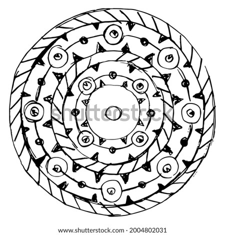 Round geometrical mandala with ethnic motifs. Native American ornament of Aleut Indians. Hand drawn linear doodle rough sketch. Black silhouette on white background.