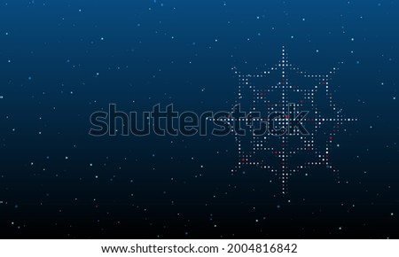 On the right is the spider web symbol filled with white dots. Background pattern from dots and circles of different shades. Vector illustration on blue background with stars