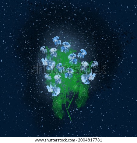 A bouquet of blue abstract flowers on a dark blue background in digital spray art technique 