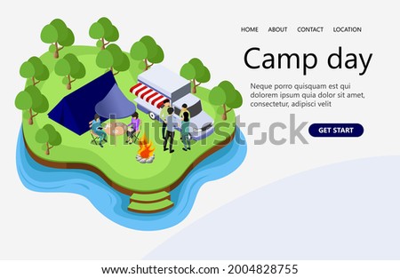 Family day illustration. some young people were camping in the forest. isometric vector illustration concept for website, flyer, banner, home page, landing page, etc,