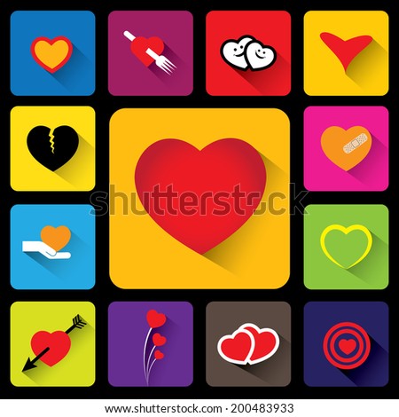 colorful heart vector icons collection set - flat design. This graphic icons also represents heart break, love, emotions, attachment, acceptance, romance, heart plant, gourmet, food love, smile, happy