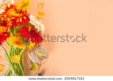 Flat lay with colorful red yellow orange autumn flowers on beige warm colored background. Bright Fall, thanksgiving day concept. Top view, copy space