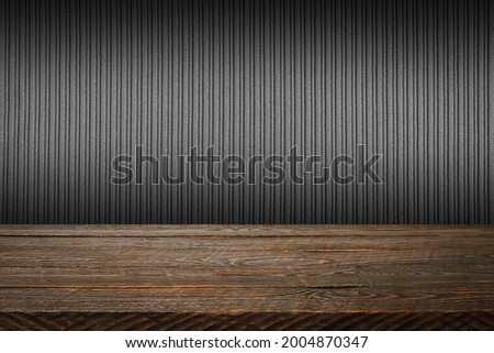 The background is blank wooden boards and a textured striped wall with gradient lighting and vignetting. For product demonstrations, free space, layout, mockup, perspective board, background board.
