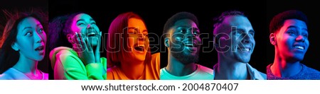 Portraits of different people on multicolored background in neon light. Flyer, collage made of smiling happy models. Concept of emotions, facial expression, sales, advertising.