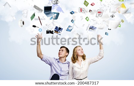 Conceptual image of young couple sitting on floor