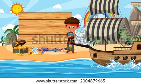 Pirate kids at the beach daytime scene with an empty banner template illustration