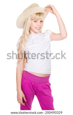 Portrait of nice little blonde in stetson. Isolated on white