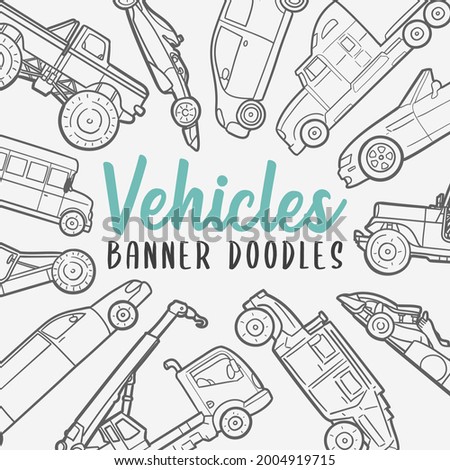 Cars Doodle Banner Icon. Vehicles Vector Illustration Hand Drawn Art. Line Symbols Sketch Background.