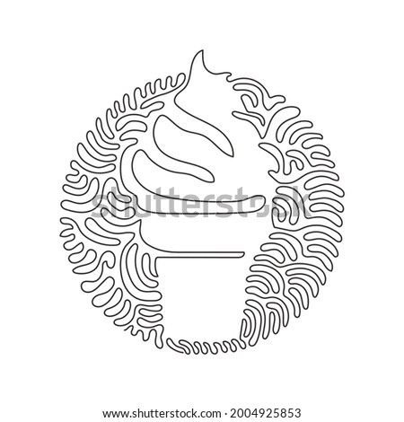 Continuous one line drawing delicious ice creams in crispy waffles cup. Tasty sweet ice-cream tastes. Cold summer desserts. Swirl curl circle background style. Single line draw design vector graphic