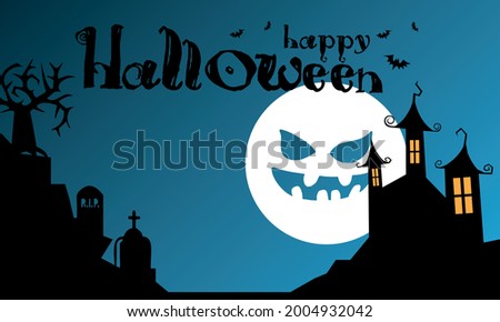 Vector Illustration of a Landscape with a Spooky Haunted Halloween house and a Full Moon. vector illustration of Happy Halloween
