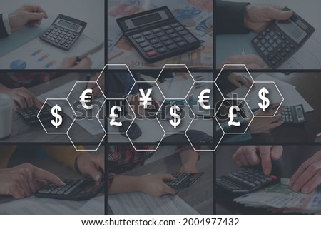 Currencies concept illustrated by pictures on background
