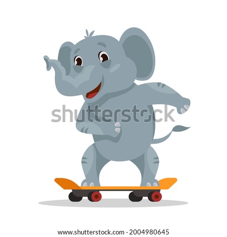 Elephant riding skateboard. Funny animal in cartoon style.