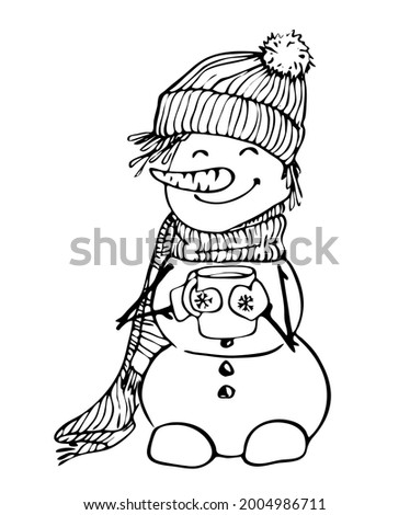 a cute snowman in a hat and scarf holds a mug in his hands, a contour black-and-white hand drawing, coloring, a logo isolated on a white background