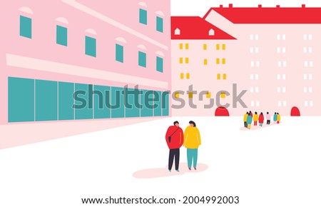 Urban landscape drawing vector. City panorama with people's. Abstract architecture background geometric style. Cartoon vector buildings illustration.Trendy homes with windows, roof. City centre art.