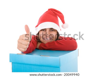 beautiful santa woman celebrating christmas with a big present box. isolated on white background.